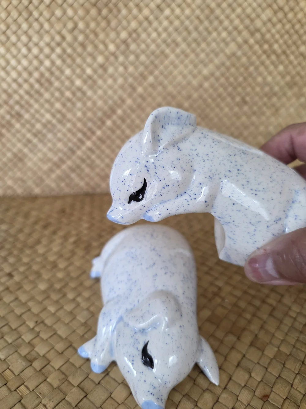 Speckled Ceramic Pig Pair Figurine - Light Blue Accent, Set Of 2.